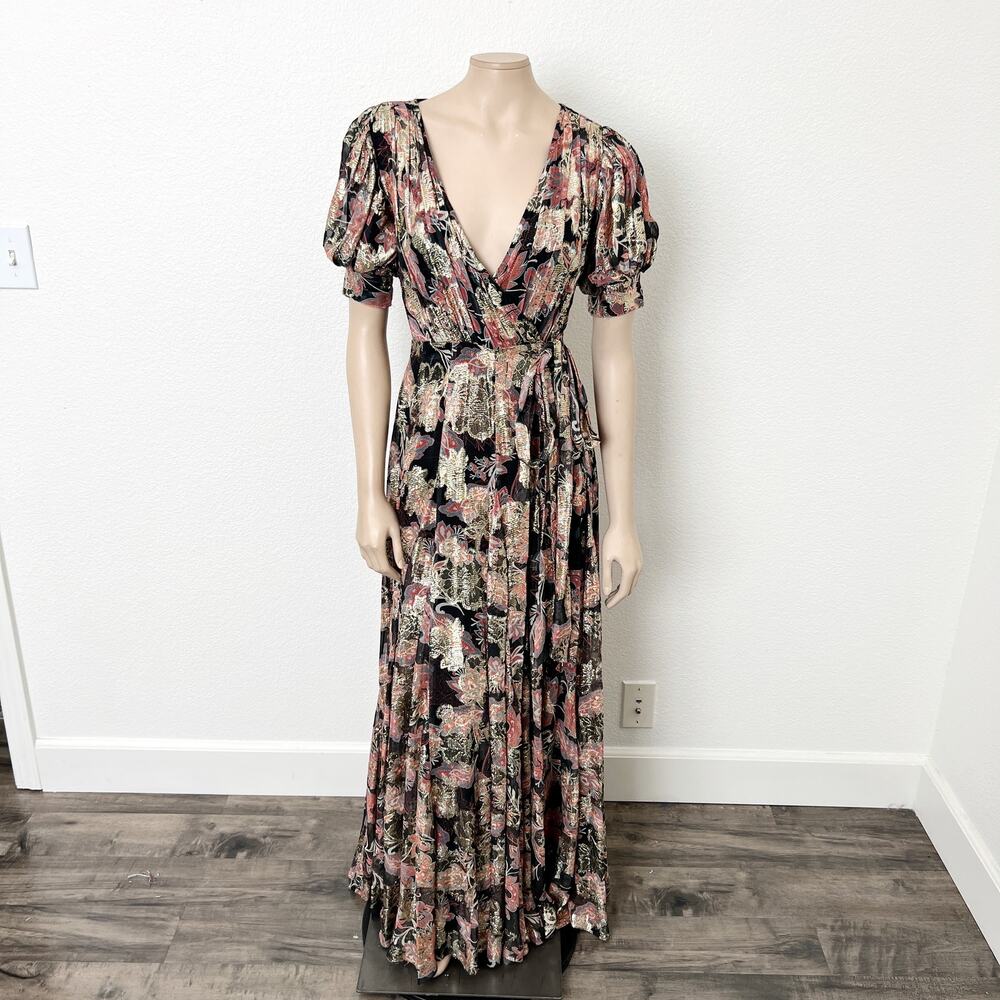 [Hemant & Nandita] Sion Maxi Wrap Dress Metallic Gold Puff Sleeves V-Neck Sz XS